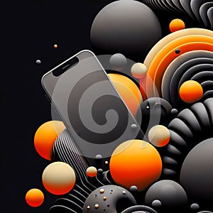 Smartphone with planets and lines on abstract background