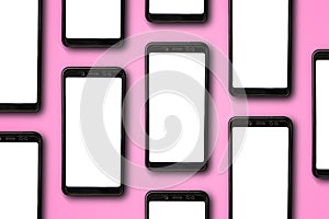 Smartphone and plant on an pink background. flat lay, Top view, with space for text