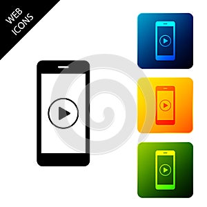 Smartphone with play button on the screen icon isolated. Set icons colorful square buttons