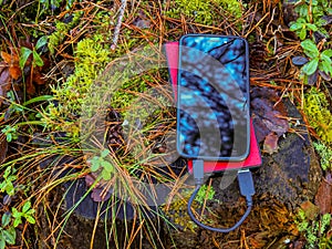 Smartphone and powerbank on tree stump