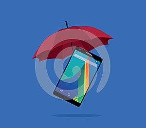 Smartphone protection insurance with red umbrella and blue background