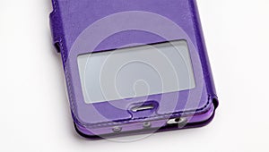 Smartphone in a purple leather case