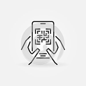 Smartphone with QR Code in Hands outline vector icon
