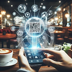 Smartphone QR code transactions payments connections cafe