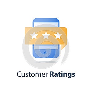 Smartphone and rating stars, online review, service quality evaluation, feedback survey, opinion poll, satisfaction assessment