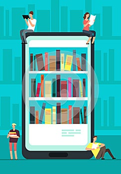 Smartphone with reader app and people reading books. Online book store, library and education vector concept