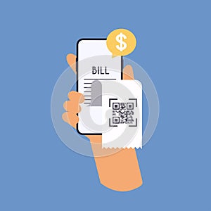 Smartphone receipt bill. Shopping cash bill slip, buying tax transaction service flat vector illustration