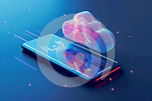 Smartphone receiving data from cloud computing system with futuristic design