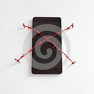 Smartphone with red barbed wire. Concept for the theme of human dependence on social networks and the Internet