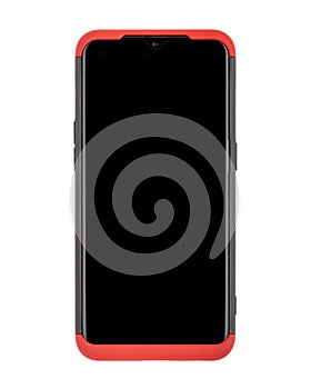 Smartphone with red case, black modern touch screen isolated on white background. this has clipping path