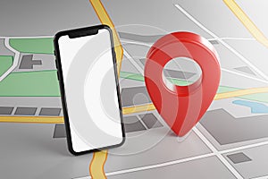 Smartphone and Red GPS Pin on Map. Mockup Template Screen 3D Rendering