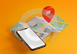Smartphone and Red GPS Pin on Map. Mockup Template Screen Orange Background 3D Rendering