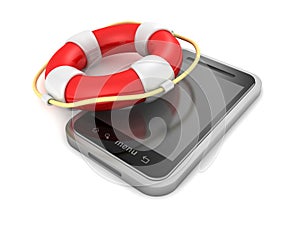 Smartphone with red lifebuoy on white background