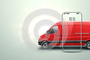 Smartphone and red minibus on a light background. Delivery concept, online ordering, phone application, moving. Delivery by car to