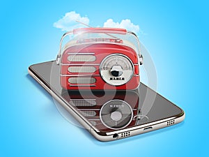 Smartphone with red vintage radio. Mobile AM FM radio live streaming media concept.