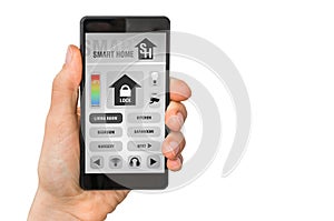 Smartphone with remote smart home control system on white