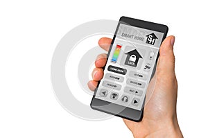 Smartphone with remote smart home control system on white