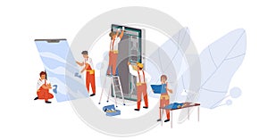 Smartphone repair flat vector illustration. Repairman service workers, appliance repairers cartoon characters photo