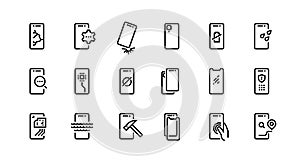 Smartphone repair icons. Dropped phone with cracked screen, broken tempered glass protection, water resistance. Vector