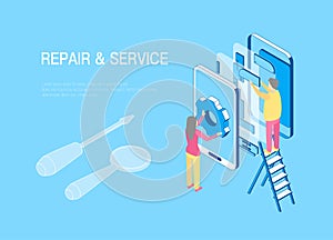 Smartphone Repair Technical Service Concept 3D Isometric View. Vector