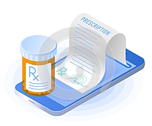 The smartphone, rx prescription from the screen, pill bottle. photo