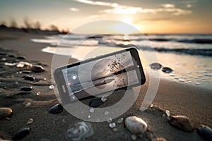 Smartphone sand sunset. Generate Ai