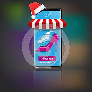 Smartphone with santa claus cap on it for christmas online shopping sale concept. Cell phone and new year design. Vector