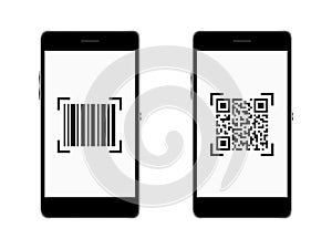 Smartphone with scan QR code and barcode set.