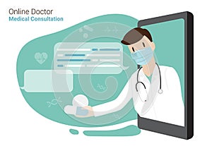 Smartphone screen on chat in messenger with Doctor and an online consultation. Vector flat illustration. Healthcare and E-Medical