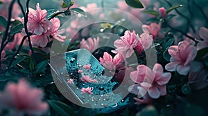Smartphone screen with dewdrops of water lying around pink flowers green leaves. Flowering flowers, a symbol of spring, new life