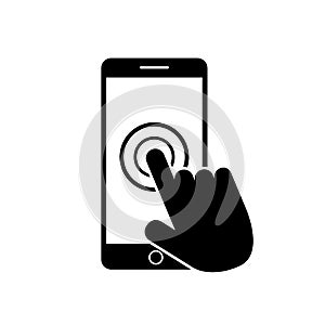 Smartphone screen icon with hand. Open touch screen by finger.Black mobile phone icon. Flat phone icon with screen. vector