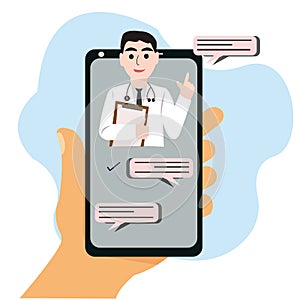 smartphone screen with a male doctor on chat in messanger and an online consultation . vector flat illustration. onli photo