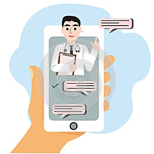 Smartphone screen with a male doctor on chat in messanger and an online consultation . vector flat illustration. onli photo