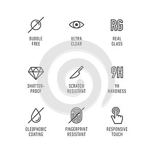 Smartphone screen protection icon set, tempered glass, screen