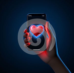 Smartphone screen with a red heart held in the palm of the hand. Heart as a symbol of affection and love