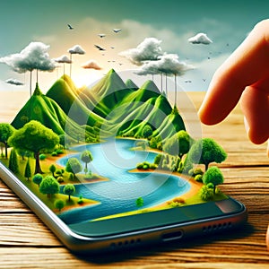 Smartphone screen: Smartphone with summer landscape on the screen.