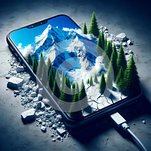 Smartphone screen: Smartphone with winter landscape on the screen.