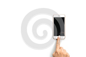 Smartphone screen. Woman holding phone in female hand with empty blank screen isolated on white background. Cellphone