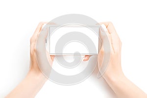 Smartphone screen. Woman holding phone in female hand with empty blank screen isolated on white background. Cellphone