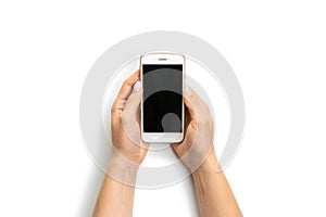 Smartphone screen. Woman holding phone in female hand with empty blank screen isolated on white background. Cellphone with space
