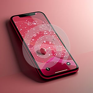 Smartphone with screensaver displaying hearts on abstract pink background. Valentine's Day concept, love and dating