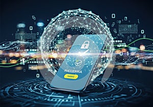 Smartphone with security lock surrounded by digital network and binary code on a futuristic technological background