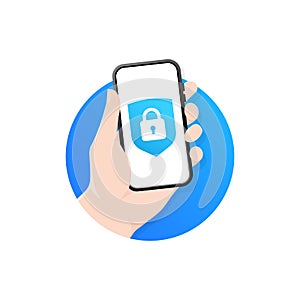 Smartphone security. Locked padlock. Hand holds a smartphone on the screen a lock icon. Mobile phone security, user authorization