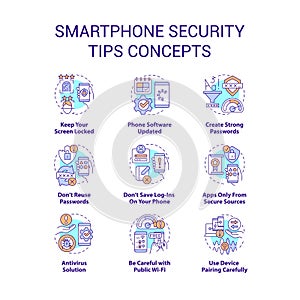 Smartphone security tips concept icons set