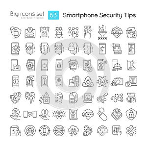 Smartphone security tips linear icons set