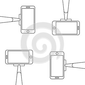 Smartphone on a selfie stick line icon set. Flat vector illustration isolated on white