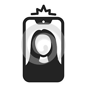 Smartphone selfie with woman face taking photo camera flare linear monochrome icon vector
