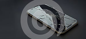 Smartphone with shattered glass. A smart phon on a black table with broken glass. Needs repair.