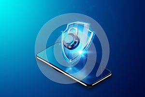 Smartphone shield and lock with fingerprint hologram, fingerprint scanner. Concept data protection, cyber security, information