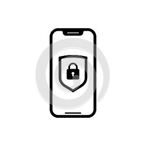 Smartphone with shield and lock icon. Account protection on phone screen. Security authentication to protect private files, data